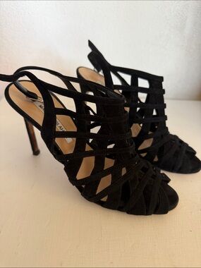 Manolo Blahnik Black Strappy Cage Slingback Heels